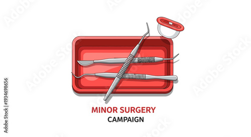 Dental Instruments Arranged In Red Tray For Minor Surgical Procedures Illustration