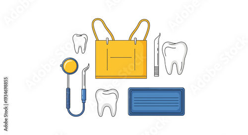 Dental Instruments, Tools, And Teeth Displayed On Isolated White Background With Yellow Bag