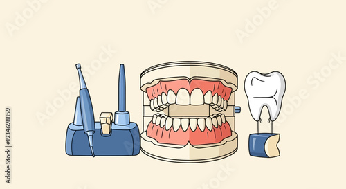 Dental Instruments, Teeth Model, And Illustration Representing Dental Care Perfectly