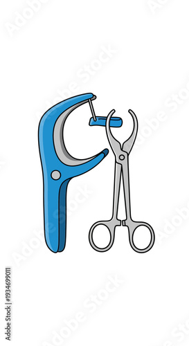 Dental Instruments Illustration: Detailed View of Floss Holder and Medical Forceps for Oral Care