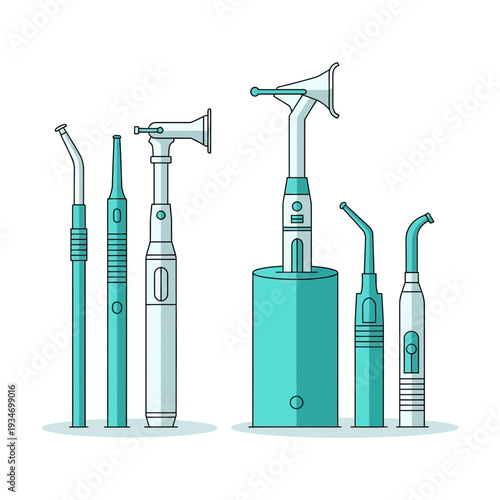 Dental Instruments Illustration: Detailed Medical Equipment in Cyan Color for Healthcare Purposes