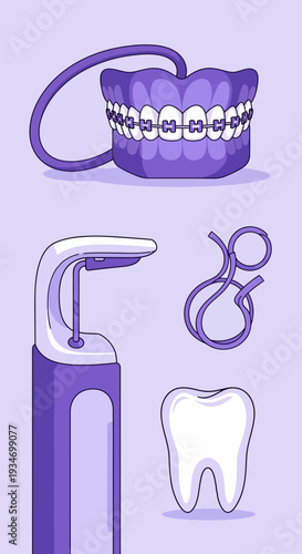 Dental Orthodontic Set Illustration Depicting Teeth, Braces, Instruments, And Hygiene Essentials