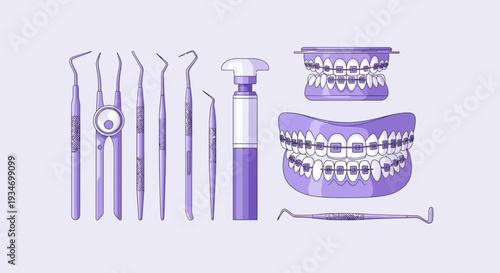 Dental Orthodontic Tools and Braces Illustration, Medical and Aesthetic Dentistry Illustration