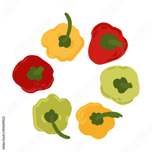 Yellow, green and red bell pepper vector set. Fresh food icon set isolated on a white background. Capsicum graphic design elements.
