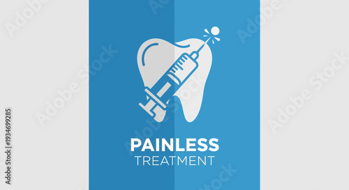 Dental Painless Treatment: Illustration Featuring Tooth and Syringe on Blue Background