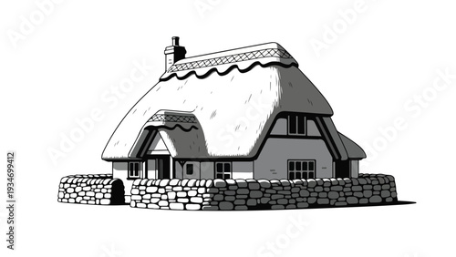 Illustration of a traditional house with a thatched roof and stone wall in a simple, monochromatic style.