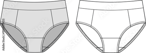 Women's High-Waisted Cotton Briefs Technical Flat Fashion Sketch, Underwear Panty Set Vector Illustration, Cad Drawing Flat Vector Illustration for Apparel Design