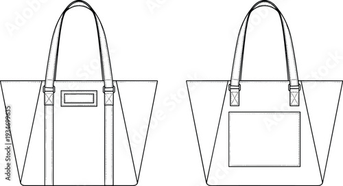 Women's Large Canvas Tote Bag with External Pockets and Shoulder Straps Technical Flat Fashion Sketch, Cad Drawing Flat Vector Illustration for Design