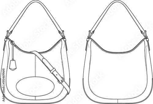 Women's Hobo Shoulder Bag with Adjustable Strap Technical Flat Fashion Sketch, Leather Handbag Vector Illustration, Cad Drawing Flat Vector Illustration for Design