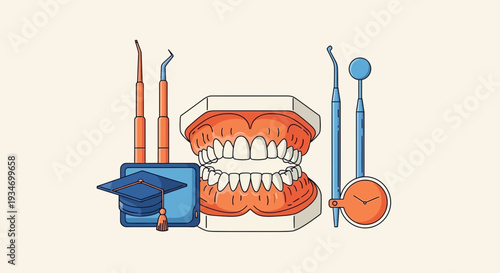 Dental School Education Concept Depicting Tooth Model, Instruments, And Graduation Cap