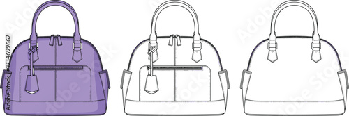 Women's Dome Satchel Handbag with Zipper Pockets and Top Handle Technical Flat Fashion Sketch, Purple Accessory Vector Illustration, Cad Drawing Flat Vector Illustration