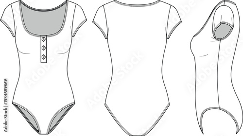 Women's Short Sleeve Henley Bodysuit Technical Flat Fashion Sketch with Front Button Placket Detail, Cad Drawing Flat Vector Illustration for Apparel Design