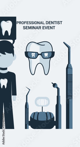 Dental Seminar Event: Professional Dentist Gathering Featuring Tooth Illustrations and Instruments