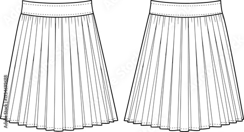 Women's Athletic Pleated Tennis Skirt Technical Flat Fashion Sketch, High Waisted Sports Skort Vector Illustration, Cad Drawing Flat Vector Illustration for Design
