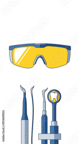 Dental Tools and Protective Eyewear Illustration for Cosmetic Dentistry Procedures
