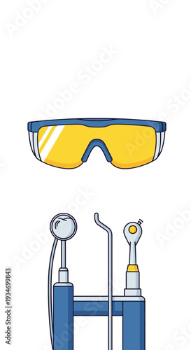 Dental Tools and Protective Eyewear: Illustrating Modern Oral Healthcare Procedures