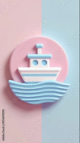 Cute boat on the water with pink and blue background.