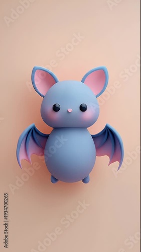 Cute Cartoon Bat with Pink Ears and Wings on Peach Background.