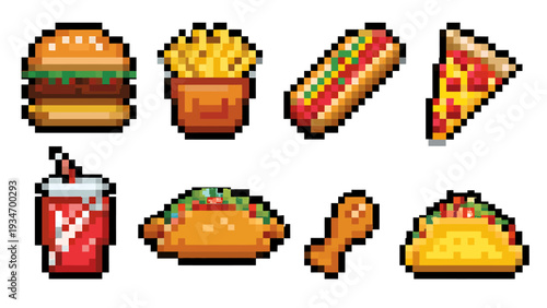 A cheerful set of pixel art fast food icons, featuring a hamburger, fries, hot dog, pizza, soda, and tacos, designed with a nostalgic 8-bit retro game aesthetic, perfect for digital media