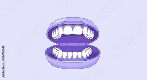 Dentures Illustration Inside Purple Case: Healthy Smiles And Dental Care Concept