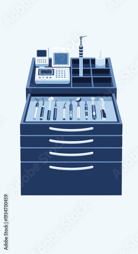 Dentistry Instruments and Equipment Displayed on a Modern and Organized Dental Cabinet