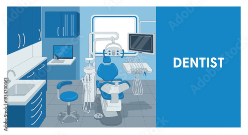 Dentist's Office Interior Illustrated In A Modern Style With Blue Tones