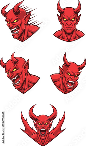 Red Devil Head Mascot Set with Various Expressions and Horns