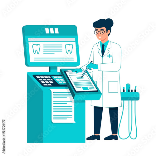 Dentist Reviewing Medical Reports and Dental Records on Digital Healthcare Device
