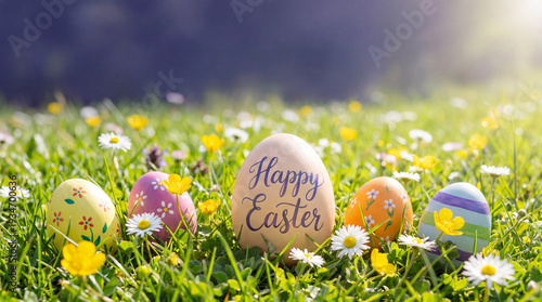 Colorful decorated Easter eggs on green grass with flowers