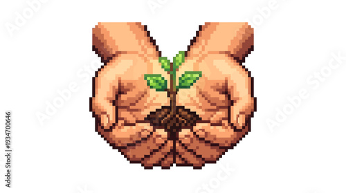 Pixel art hands cradle a delicate green seedling sprouting from rich soil, symbolizing growth, new beginnings, and care for nature