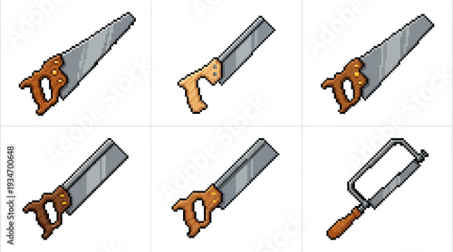 Set of six pixel art illustrations of various hand saws and a hacksaw, perfect for digital projects and graphic design