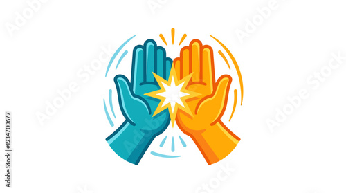 Two cartoon hands, one teal and one orange, high-fiving with a starburst in between, symbolizing teamwork, success, and celebration