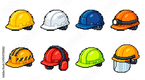 Collection of Pixelated Construction Helmets with Various Designs and Safety Features