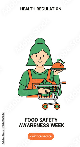 Depicting Food Safety Awareness with a Smiling Woman and Fresh Produce in the Cart