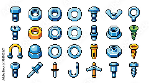 Collection of various nuts, bolts, screws, and hardware fasteners in a pixelated art style