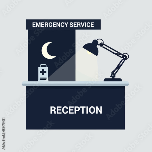 Depiction Of A Reception Desk Illuminated At Nighttime For Emergency Medical Assistance