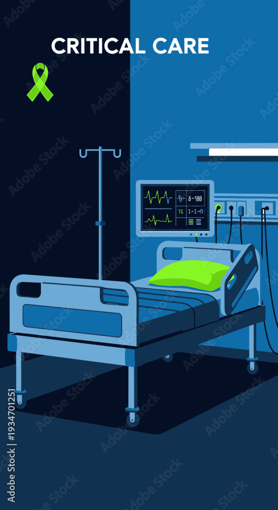 Fototapeta premium Depiction of Critical Care with Modern Medical Equipment and a Patient Bed in a Hospital Setting