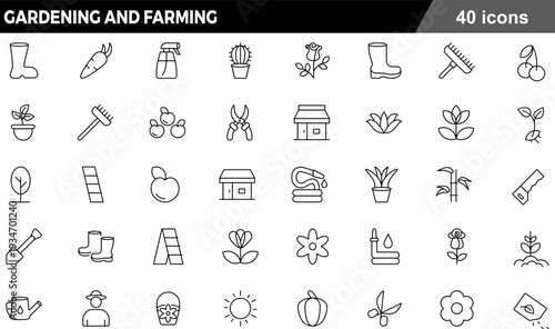 Gardening and Farming Thin Line Icons Set Agricultural Tools, Plant Lifecycle, Harvest Produce, Landscaping Equipment and Sustainable Cultivation Symbols