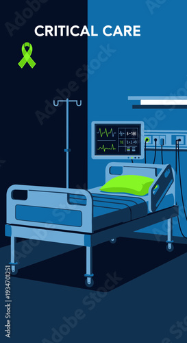 Depiction of Critical Care with Modern Medical Equipment and a Patient Bed in a Hospital Setting