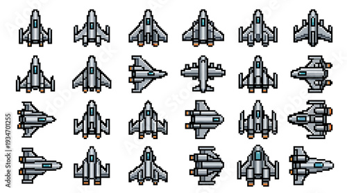 A diverse collection of top-down pixel art spaceship sprites, perfect for retro arcade-style video games and mobile app development, showcasing various futuristic fighter designs