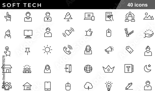 Soft Tech Thin Line Icons Set Human Centric Interface, User Navigation, Environmental Status, Creative Tools and Digital Connectivity Symbols for Modern UX