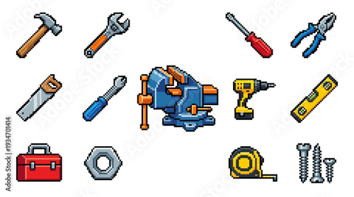 A Collection of Pixelated Tools, Including a Hammer, Wrench, Screwdriver, Pliers, Saw, Vise, Drill, Level, Toolbox, Nut, Tape Measure, and Screws, Perfect for DIY Projects and Construction