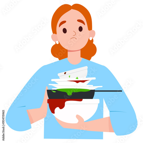 Overwhelmed Woman mother Holding Dirty Dishes