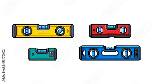 Pixelated construction levels in yellow, red, green, and blue on a white background, presented in a pixel art style