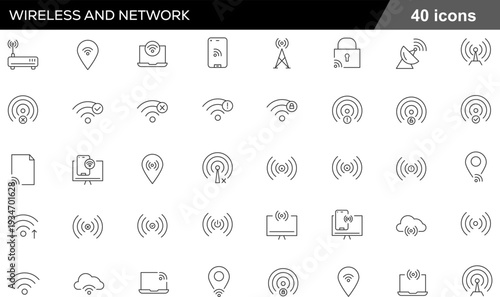 Wireless and Network Thin Line Icons Set Signal Strength Indicators, Telecommunications Hardware, Cloud Connectivity, Data Security and Geospatial Network Symbols for Digital Infrastructure