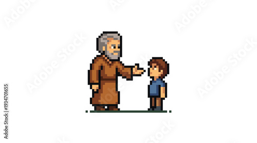 Pixel art illustration depicting an elder sharing wisdom with a curious young boy, symbolizing intergenerational mentorship, knowledge transfer, and valuable life lessons