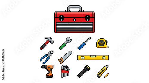 A vibrant pixel art collection showcasing essential hand tools within a classic red toolbox, perfect for various repair, construction, or DIY projects, highlighting craftsmanship and utility