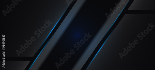 Abstract dark blue and black technology background with diagonal glossy stripes and glowing neon light edges.