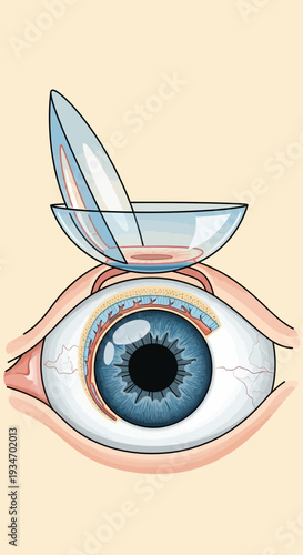 Detailed Illustration of Eye Anatomy Featuring a Contact Lens and Solution for Vision Enhancement