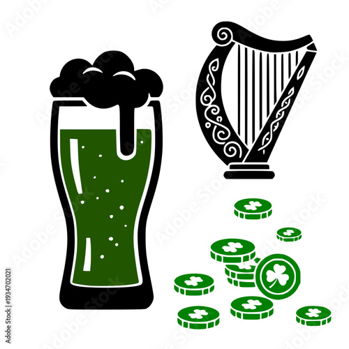 Green beer, harp, and coins for St. Patrick's Day celebration  